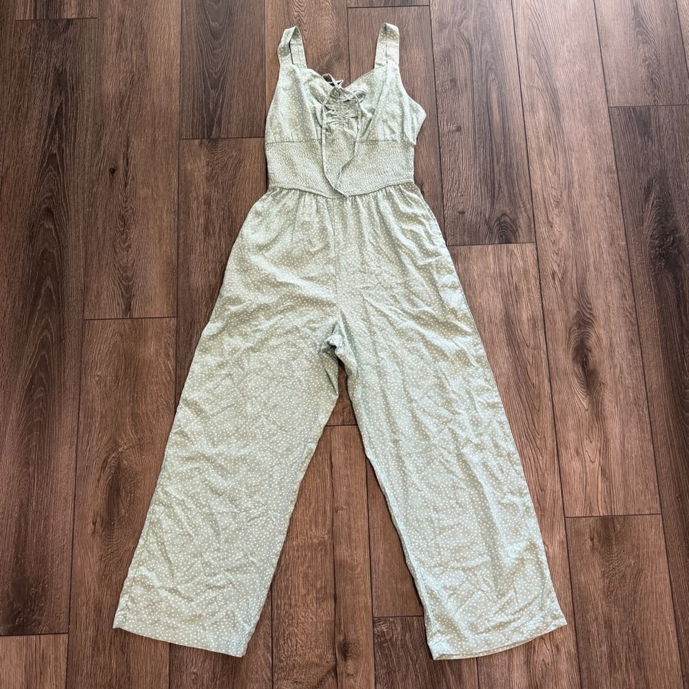 Jessica Simpson Seafoam Polka Dot Smocked Wide Leg Jumpsuit w/Pockets Size S - Picture 6 of 16
